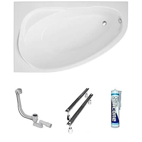 ECOLAM Baignoire d'angle acrylique Marea Polimat 160x100 cm gauche, pieds, siphon, silicone. Belle forme Aspect moderne. Baignoire acrylique blanc