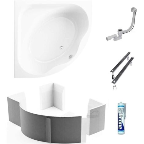 ECOLAM Baignoire d'angle asymétrique Standard 150x150 cm + boîtier universel en polystyrène  siphon et silicone