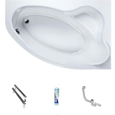 ECOLAM Baignoire d'angle Comfort 140x90 cm droite  bonde vidange et trop-plein automatique  pieds + silicone