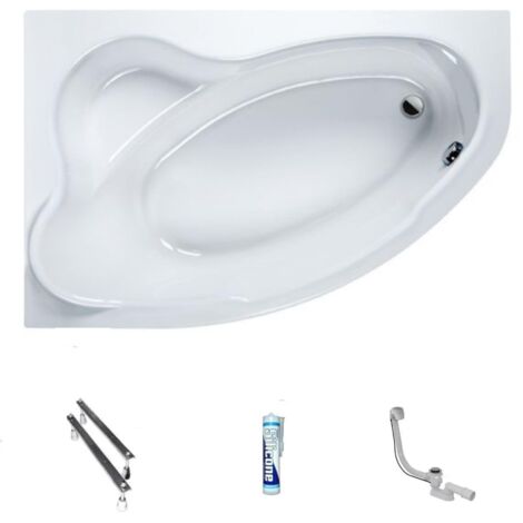 ECOLAM Baignoire d'angle Comfort acrylique blanc 140x100 cm gauche + bonde vidange et trop-plein automatique  pieds + silicone Set complet