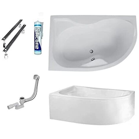 ECOLAM Baignoire d'angle Dora Polimat 170x110 cm gauche + tablier  pieds siphon + silicone  Belle forme Aspect moderne
