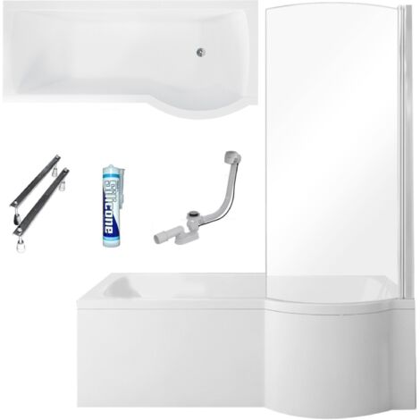 ECOLAM Baignoire d'angle en acrylique Inspiro 150x70 cm  version droite  tablier en acrylique  paroi en verre  pieds siphon et silicone  set complet  baignoire en acrylique blanc