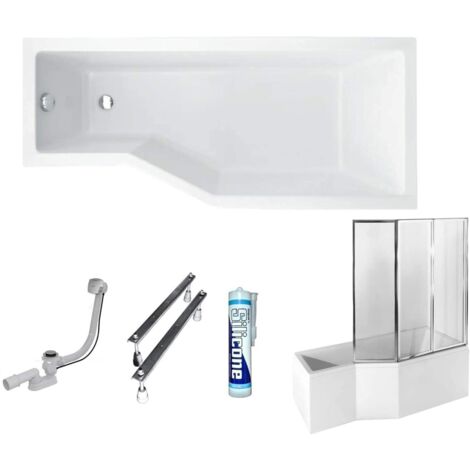 ECOLAM Baignoire d'angle en acrylique Integra 150x75 cm droite, blanc, habillage en acrylique, paroi en verre, siphon et silicone