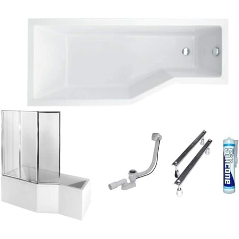 ECOLAM Baignoire d'angle en acrylique Integra 150x75 cm gauche, blanc, habillage en acrylique, paroi en verre, siphon et silicone
