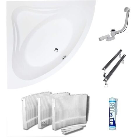 ECOLAM Baignoire d'angle Mia 130 x 130 cm  avec revêtement universel en polystyrène  Bonde d'écoulement et de trop-plein pieds + silicone