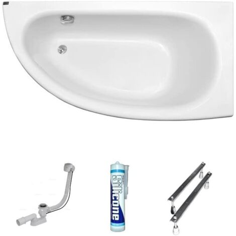 ECOLAM Baignoire d'angle Milena acrylique blanc 150x70 cm droite + bonde vidange et trop-plein automatique, pieds silicone