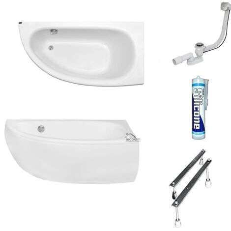 ECOLAM Baignoire d'angle Milena acrylique blanc 150x70 cm droite + tablier en acrylique + bonde vidange et trop-plein automatique, pieds silicone