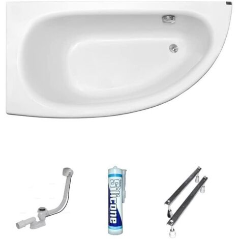 ECOLAM Baignoire d'angle Milena acrylique blanc 150x70 cm gauche + bonde vidange et trop-plein automatique, pieds silicone