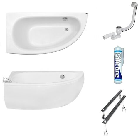 ECOLAM Baignoire d'angle Milena acrylique blanc 150x70 cm gauche + tablier en acrylique + bonde vidange et trop-plein automatique, pieds silicone