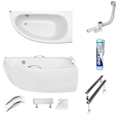 ECOLAM Baignoire d'angle Milena PREMIUM acrylique blanc 150x70 cm droite + tablier en acrylique + 2x poignées + Appui-tête blanc + bonde vidange et trop-plein automatique, pieds silicone