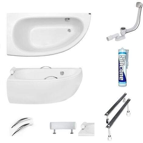 ECOLAM Baignoire d'angle Milena PREMIUM acrylique blanc 150x70 cm gauche + tablier en acrylique + 2x poignées + Appui-tête blanc + bonde vidange et trop-plein automatique, pieds silicone