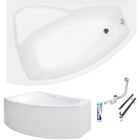 ECOLAM Baignoire d'angle Rima 130x85cm  version gauche  tablier acrylique  pieds siphon + silicone  Belle forme  Set complet