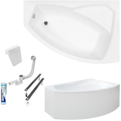 ECOLAM Baignoire d'angle Rima 150x95 cm  version droite  tablier acrylique  appuie-tête  pieds siphon + silicone  Set complet