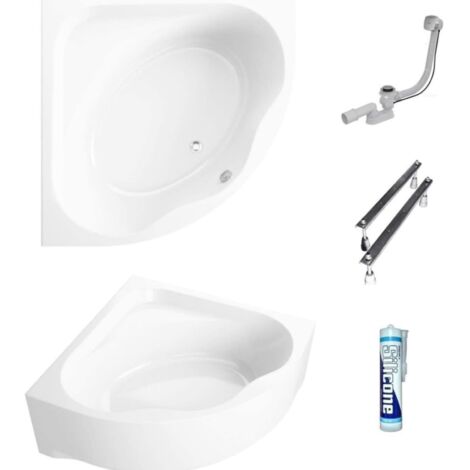 ECOLAM Baignoire d'angle Standard Polimat 150x150 cm  acrylique blanc  tablier  Belle forme  set complet