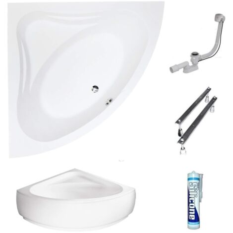 ECOLAM Baignoire d'angle symétrique Mia 140x140cm + tablier  pieds siphon silicone  Belle forme  Set complet