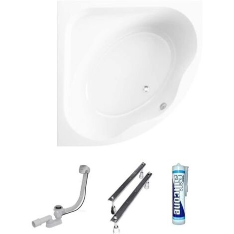ECOLAM Baignoire d'angle symétrique Standard Polimat 150x150 cm  pieds siphon et silicone