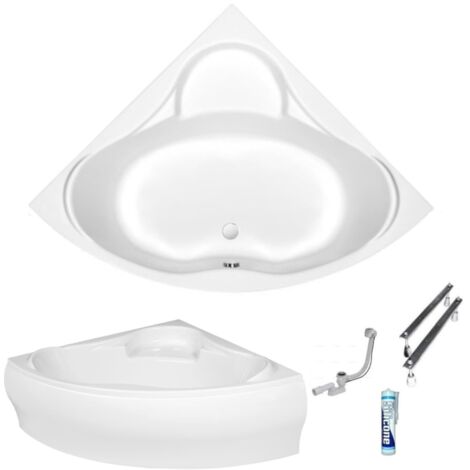 ECOLAM Baignoire d'angle Venus 150x150cm  tablier en acrylique  siphon + silicone  Belle forme  set complet