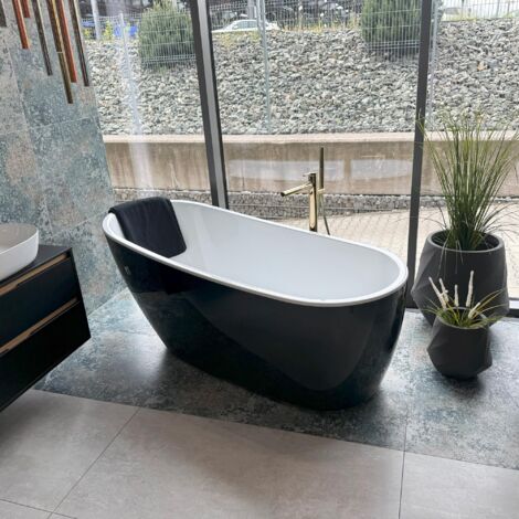 ECOLAM Baignoire îlot noire Comfort 174x75 cm Baignoire moderne sur pieds acrylique de qualité supérieure blanc et noir Ensemble complet avec bonde design click-clack