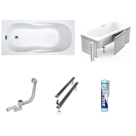 ECOLAM Baignoire rectangle acrylique As 140x70 cm, revêtement polystyrène pour carrelage, pieds, siphon et silicone