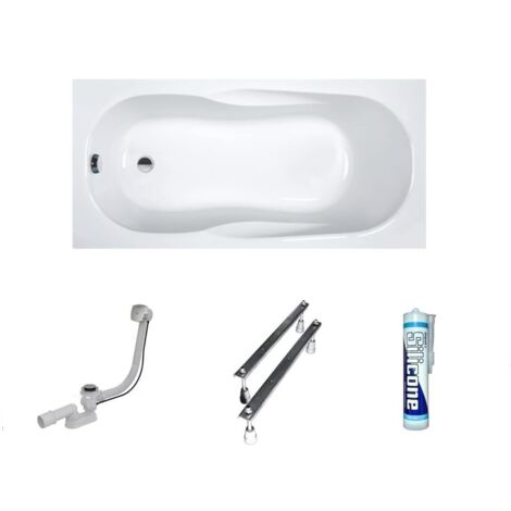 ECOLAM Baignoire rectangle acrylique As 160x70 cm, pieds, siphon et silicone. Baignoire en acrylique blanc