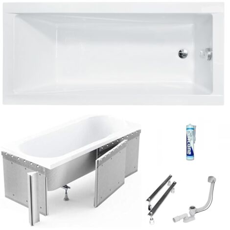 ECOLAM Baignoire rectangle acrylique Modern 130x70 cm  revêtement polystyrène 1.041 pour carrelage  pieds siphon et silicone  baignoire en acrylique blanc