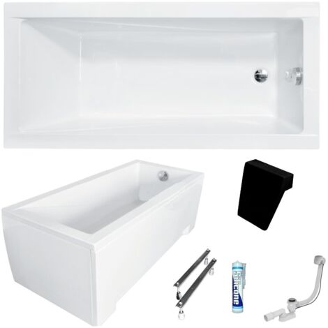 ECOLAM Baignoire rectangle acrylique Modern 160x70 cm  tablier en acrylique  appui-tête noir  pieds silicone + siphon  baignoire en acrylique blanc  ensemble complet