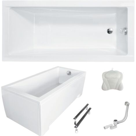 ECOLAM Baignoire rectangle acrylique Modern 180x80 cm + tablier  oreiller Mare blanc  pieds + siphon  ensemble complet