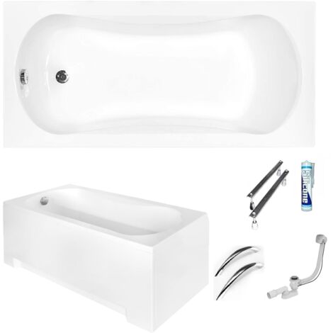 ECOLAM Baignoire rectangle Aria 130x70 cm  tablier en acrylique  2x poignées  pieds siphon + silicone  Baignoire en acrylique blanc  set complet
