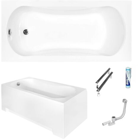 ECOLAM Baignoire rectangle Aria 150x70 cm  tablier en acrylique  pieds siphon + silicone  Baignoire acrylique blanc  set complet baignoire rectangulaire