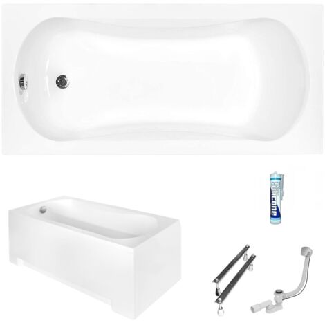 ECOLAM Baignoire rectangle Aria 160x70 cm  tablier en acrylique  pieds siphon + silicone  Baignoire acrylique blanc  set complet baignoire rectangulaire
