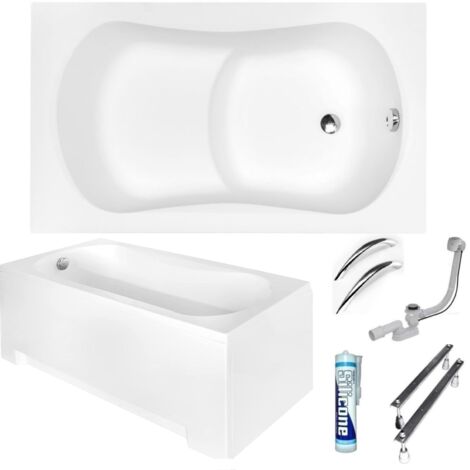ECOLAM Baignoire rectangle Aria Rehab avec assise 120x70 cm  tablier en acrylique  2x poignées  pieds siphon + silicone  Baignoire en acrylique blanc  set complet