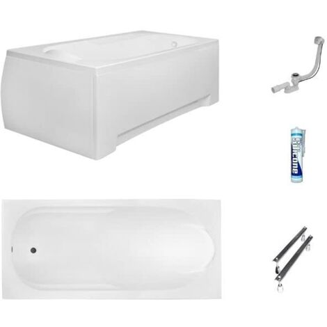 ECOLAM Baignoire rectangle Bona 170x70 cm pieds, tablier en acrylique, siphon + silicone. Baignoire acrylique blanc