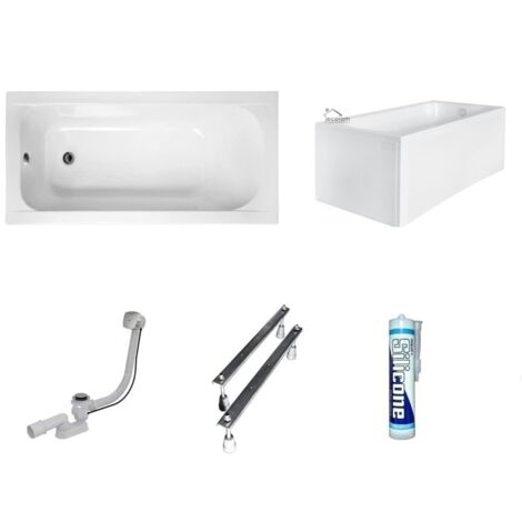 ECOLAM Baignoire rectangle Continea 140x70 cm pieds, tablier en acrylique, siphon + silicone. Baignoire acrylique blanc