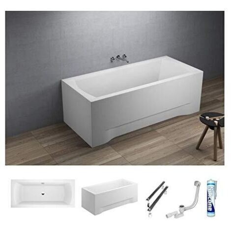 ECOLAM Baignoire rectangle Ines Polimat 160x75 cm + tablier  pieds siphon et silicone  Set complet