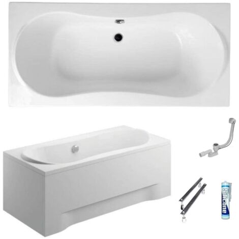 ECOLAM Baignoire rectangle Long Polimat 180x80 cm  tablier en acrylique  pieds siphon + silicone  Set complet