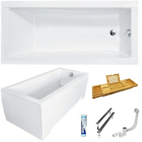 ECOLAM Baignoire rectangle Modern 160x70 cm + tablier  Planche de bain réglable 100% Bambou  pieds siphon silicone  grande baignoire  set complet