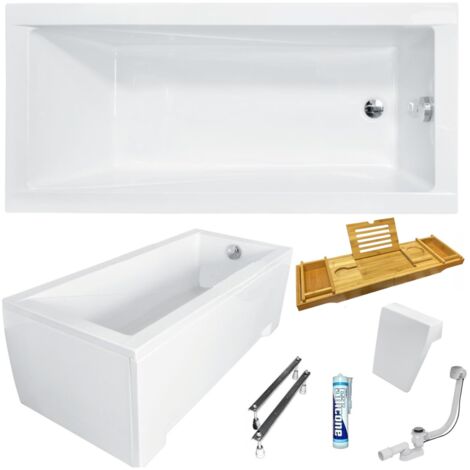 ECOLAM Baignoire rectangle Modern 180x80 cm + tablier  Appui-tête - Etagère Bambou  pieds siphon et silicone  ensemble complet.