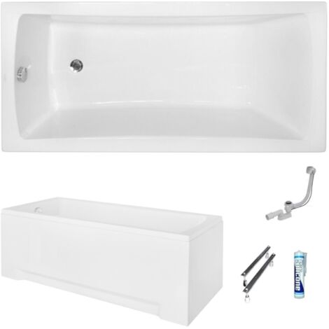 ECOLAM Baignoire rectangle Optima 150x70 cm  tablier en acrylique  pieds siphon + silicone  Baignoire acrylique blanc