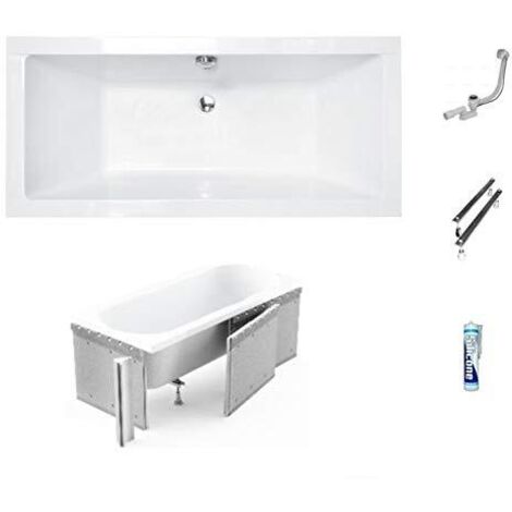 ECOLAM Baignoire rectangle Quadro 175x80 cm + revêtement polystyrène 1.041 pour carrelage  pieds siphon et silicone  ensemble complet