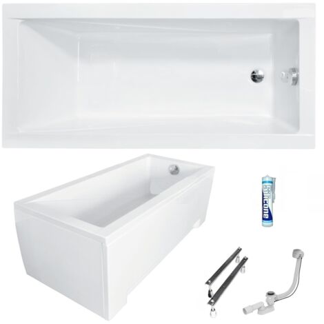 ECOLAM Baignoire rectangulaire acrylique blanche moderne 130x70 cm  Tablier acrylique  Pieds siphon et silicone  Petite baignoire  Set complet