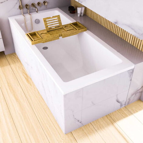 ECOLAM Baignoire rectangulaire Tami 190x90 cm en acrylique  Planche en Bambou  pieds siphon + silicone