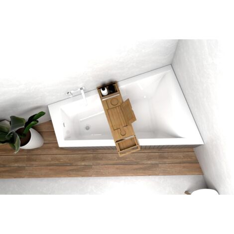 ECOLAM Baignoire trapéze Rita 150x100 cm  version droite  Planche en Bambou  Vidange automatique Alcaplast + Pieds et silicone