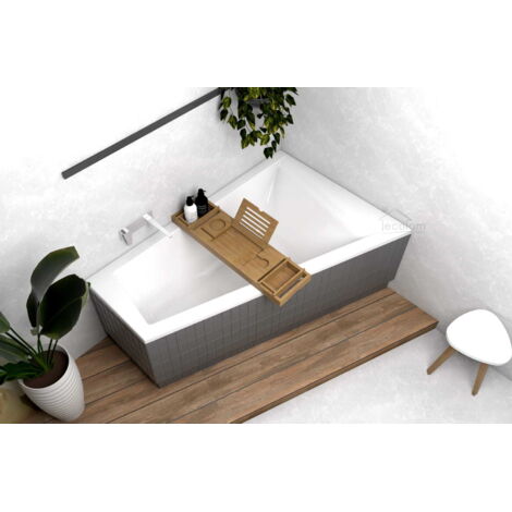 ECOLAM Baignoire trapéze Rita 160x100 cm droite  Planche en Bambou  Vidange automatique Alcaplast + Pieds et silicone