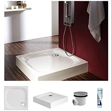 ECOLAM Receveur de Douche carré NewStyle Polimat 80x80 cm, Hauteur 16 cm, Profondeur 5 cm, Acrylique Blanc, Siphon, Silicone