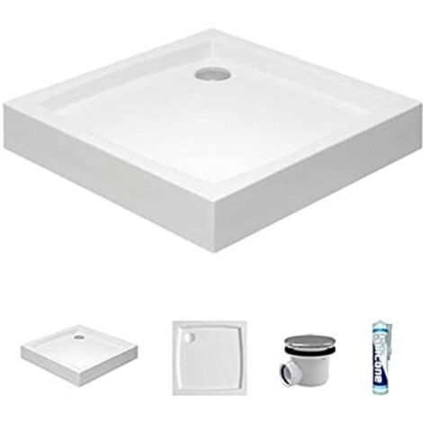 ECOLAM Receveur de Douche carré Patio 90x90 cm, Hauteur 16 cm, Profondeur 5 cm, Acrylique Blanc, Siphon, Silicone