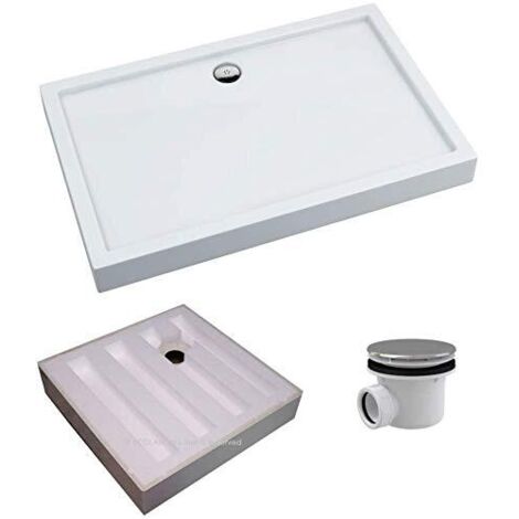 ECOLAM Receveur de douche plat rectangulaire Competia 90x120, hauteur 14 cm profondeur 3 cm acrylique blanc, base en polystyrène + siphon