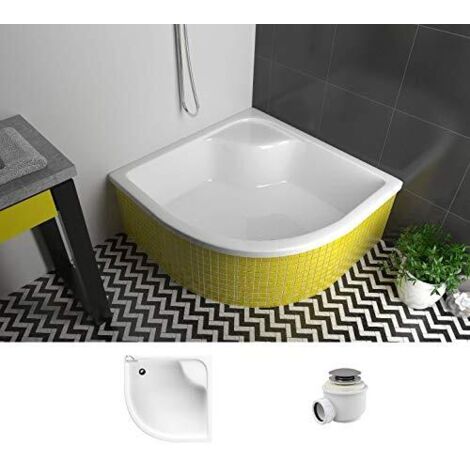 ECOLAM Receveur de Douche Profond Demi Angle Dante avec Assise 90x90, Hauteur 41 cm Profondeur 28 cm Acrylique Blanc, Base en polystyrène + Siphon Click clack