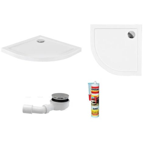 ECOLAM Receveur de douche Semi-circulaire plat Aron 80x80 cm Hauteur: 5,5 cm, Profondeur: 3 cm R55, siphon+ silicone. Receveur de douche acrylique blanc