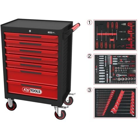 ECOline Servante d'atelier NOIR/ROUGE avec 7 tiroirs et 215 outils d'excellente qualité