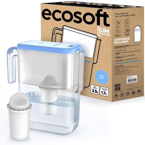 Ecosoft Slim Caraffa Filtrante – Colore Blu, Capacità 3,5 L, Riduce Cloro e Calcare, Design Compatto per il Frigo, Filtro Incluso